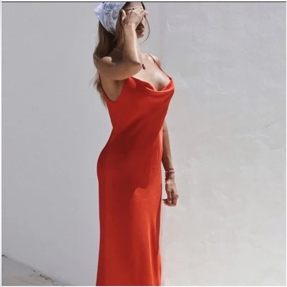 Zara bright Red Satin Effect Lingerie Style maxi Cowl Neck Dress - Picture 4 of 13